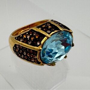 Vintage KJL Kenneth Jay Lane Blue Crystal Statement Ring Gold Rhinestones Adj